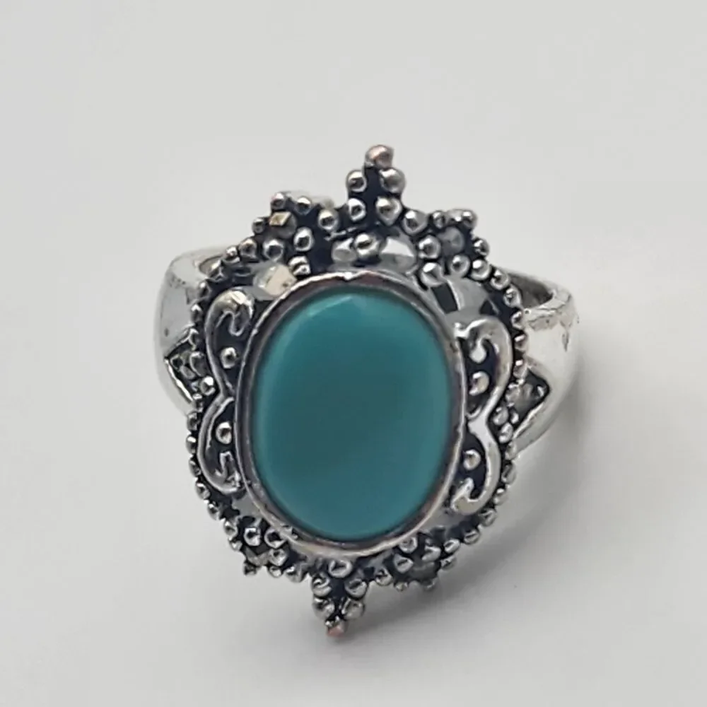 Marsala Silver Tone Turquoise Enamel & Marcasite Ring (6.75)